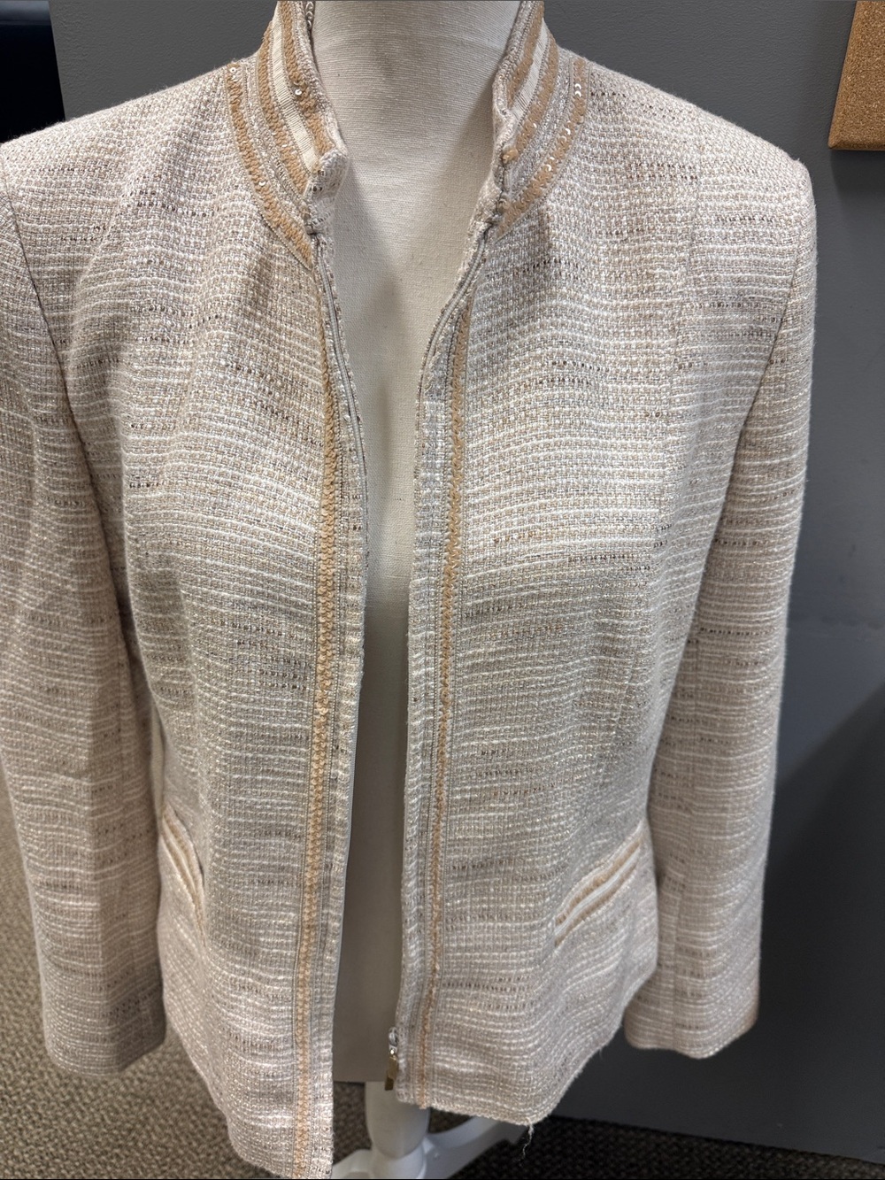 BASLER Cream Tweed Embellished Collar Zip-Front Blazer Jacket Luxury Sz 40/ US 8